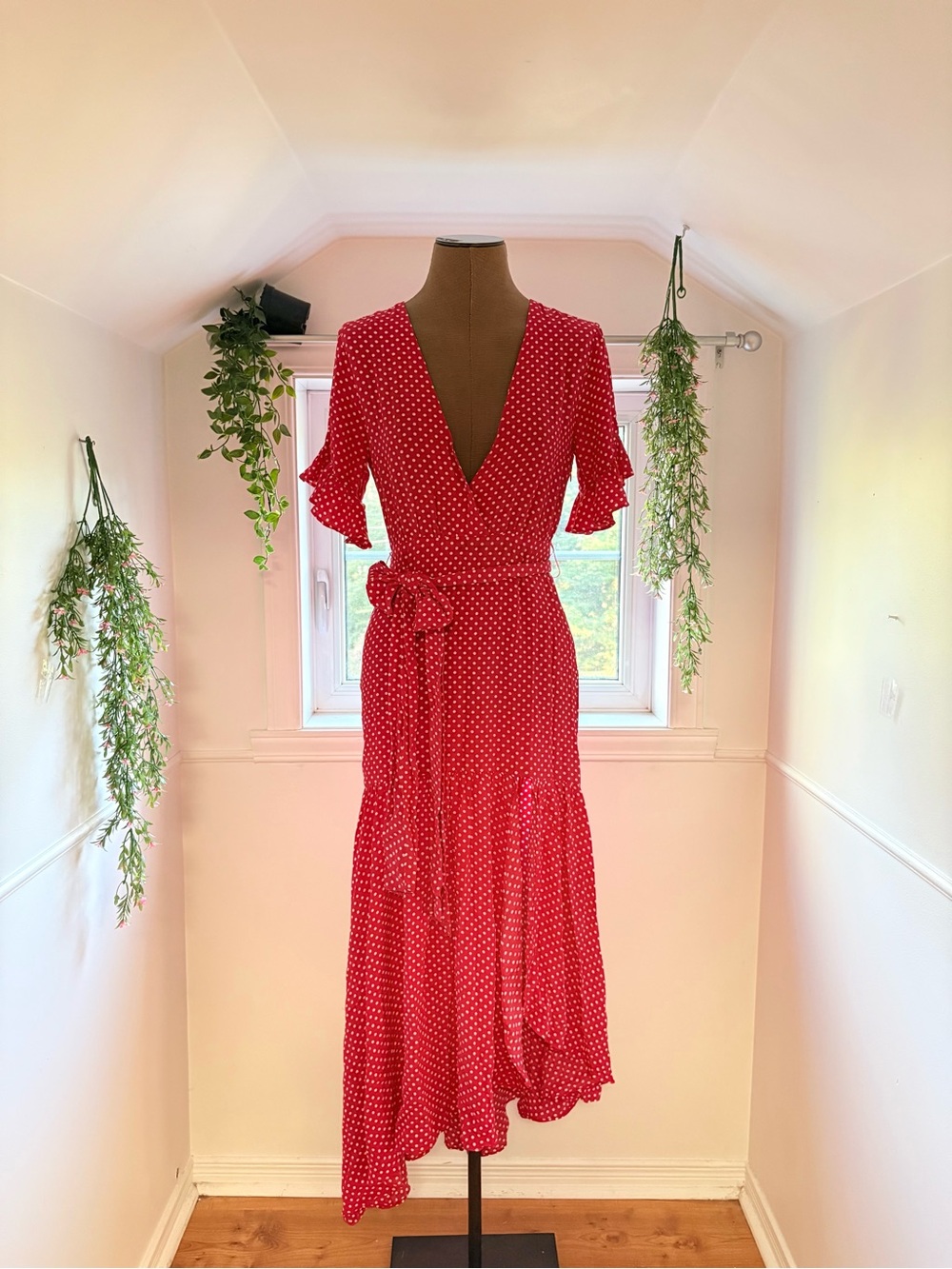 Red Polka Dot Maxi Dress - Feminine V-Neck